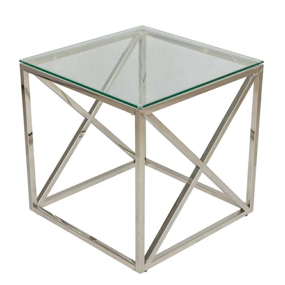Stolik kawowy Nelja Silver 55 cm Wykonany ze stali nierdzewnej w kolorze srebrnym, wymiary 55x55x55 cm, blat z hartowanego szkła
