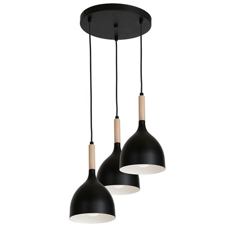 Lampa potrójna Noak Wood industrialna Wykonany z metalu i drewna, stylowy i industrialny plafon do zawieszenia w stylu industrialnym oraz LOFT w kolorze czarnym