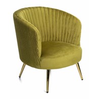 Fotel Brakumi Olive Gold Wygodne siedzisko, wykonane z przyjemnej w dotyku tkaniny w kolorze oliwkowym, stabilne nóżki wykonane z metalu w kolorze złotym