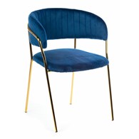 Krzesło Rarity Gold Navy Blue     Wykonane z aksamitnego, przyjemnego w dotyku materiału w kolorze niebieskim, złote nogi wykonane z metalu