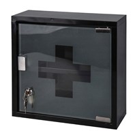 Metalowa apteczka ścienna czarna Szafka medyczna wykonana ze stali oraz szkła, w kolorze czarnym, wisząca o wymiarach 30x30x12 cm