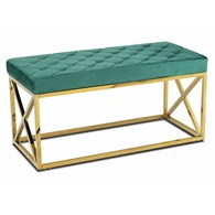 Ławka pikowana Nelja Gold Green Pufa w stylu glamour, rama wykonana ze stali w kolorze złotym, pikowane siedzisko w kolorze zielonym o szerokości 97 cm