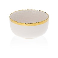 Salaterka Kati White Gold Miseczka wykonana z ceramiki w kolorze białym, wykończona złotą farbą. Średnica naczynia wynosi 11,5 cm