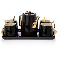 Serwis kawowy Noah Black Gold Komplet wykonany z ceramiki w kolorze czarno-złotym. Zestaw zawiera 4 filiżanki, dzbanek, 4 łyżeczki oraz tacę.