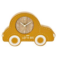 Zegar stojący samochód żółty Wykonany z MDF zegar analogowy do pokoju dziecięcego, z motywem samochodzika na kółkach, do postawienia na półkę, w sam raz do nauki dziecka korzystania z zegarka