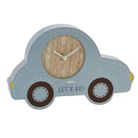 Zegar stojący samochód niebieski Wykonany z MDF zegar analogowy do pokoju dziecięcego, z motywem samochodzika na kółkach, do postawienia na półkę, w sam raz do nauki dziecka korzystania z zegarka