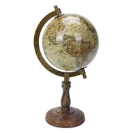 Dekoracyjny globus świata beżowy 28 cm Dekoracyjny globus w stylu Retro z metalową podpórką, na podstawie wykonanej z drewna mango, kula o średnicy 5 cali