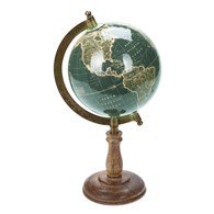 Dekoracyjny globus świata zieleń 28 cm Dekoracyjny globus w stylu Retro z metalową podpórką, na podstawie wykonanej z drewna mango, kula w odcieniach ciemnej zieleni z turkusem o średnicy 5 cali