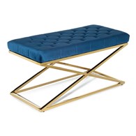 Ławka pikowana Saliba Gold Blue Pufa w stylu glamour, rama wykonana ze stali w kolorze złotym, pikowane siedzisko w kolorze niebieskim o szerokości 97 cm