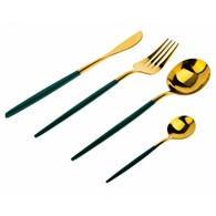 Komplet sztućców Lijo Green 4 elem. Wykonany ze stali nierdzewnej w kolorze złotym. Komplet zawiera: nóż, widelec, łyżeczkę, łyżkę.