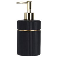 Dozownik na mydło i płyn czarny Wykonany z ceramiki, pojemnik do mydła i płyn do naczyń z praktycznym dozownikiem, w eleganckim czarnym kolorze ze złotym dodatkiem, o wymiarach: 18,5x8,2 cm