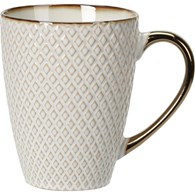 Kubek ceramiczny Queen 370 ml wzór 2 Elegancki kubek do kawy i herbaty, wykonany z ceramiki z wytłaczanym wzorem i dekoracyjną obręczą w kolorze złoto miedzianym o pojemności 370 ml