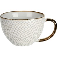 Kubek ceramiczny Queen 460 ml wzór 2 Elegancki, pojemny kubek do kawy i herbaty, wykonany z ceramiki z wytłaczanym wzorem i dekoracyjną obręczą w kolorze złoto miedzianym o pojemności 460 ml