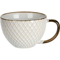 Kubek ceramiczny Queen 460 ml wzór 4 Elegancki, pojemny kubek do kawy i herbaty, wykonany z ceramiki z wytłaczanym wzorem i dekoracyjną obręczą w kolorze złoto miedzianym o pojemności 460 ml