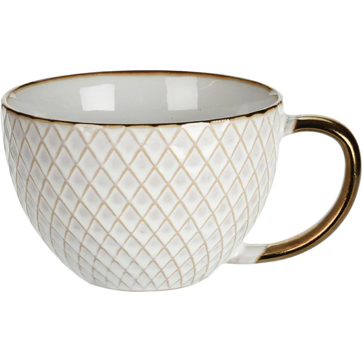 Kubek ceramiczny Queen 400 ml wzór 4 Elegancki, pojemny kubek do kawy i herbaty, wykonany z ceramiki z wytłaczanym wzorem i dekoracyjną obręczą w kolorze złoto miedzianym o pojemności 400 ml