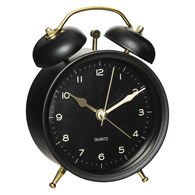 Zegar stołowy budzik retro czarnyWykonany z metalu zegar w kolorze czarnym, w stylu retro, złote wskazówki, cichy, nietykający mechanizm