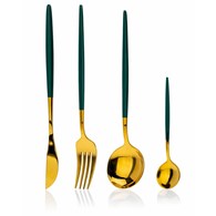 Komplet sztućców Lijo Green 16 elem. Wykonany ze stali nierdzewnej w kolorze złotym. Komplet zawiera: 4x nóż, 4x widelec, 4x łyżeczkę, 4x łyżkę.