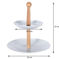 Porcelanowa patera na dwa poziomy 27 cm Dwupoziomowa patera z drewnianym uchwytem na ciasteczka, owoce, słodycze o wymiarach: 27x24x16,5 cm