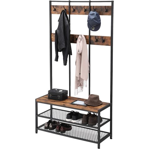 Duży wieszak na ubrania 2 półki i ławka Duża garderoba stojąca w stylu vintage oraz industrialnym, metalowy czarny stelaż i solidna, wytrzymała płyta MDF.