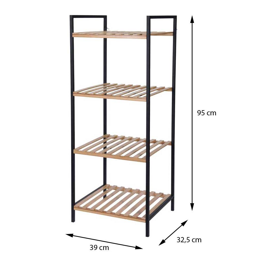 Regał łazienkowy 4 półki 95 cm Regał na akcesoria łazienkowe z 4 półkami z bambusa na metalowym stelażu w stylu loft o wymiarach: 95x39x32,5 cm