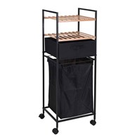 Regał łazienkowy z półkami i koszem Mobilny wózek łazienkowy z dwiema półkami oraz koszem na brudną bieliznę wykonany z metalu i bambusa o wymiarach: 109x38x33 cm