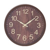 Zegar ścienny imitacja drewna 30 cm brąz Zegar okrągły, wiszący w nowoczesnym designie wykonany z tworzywa w imitacji drewna w kolorze ciemnego brązu o średnicy 30 cm