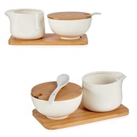 Zestaw cukiernica i mlecznik na podstawce bambusowej