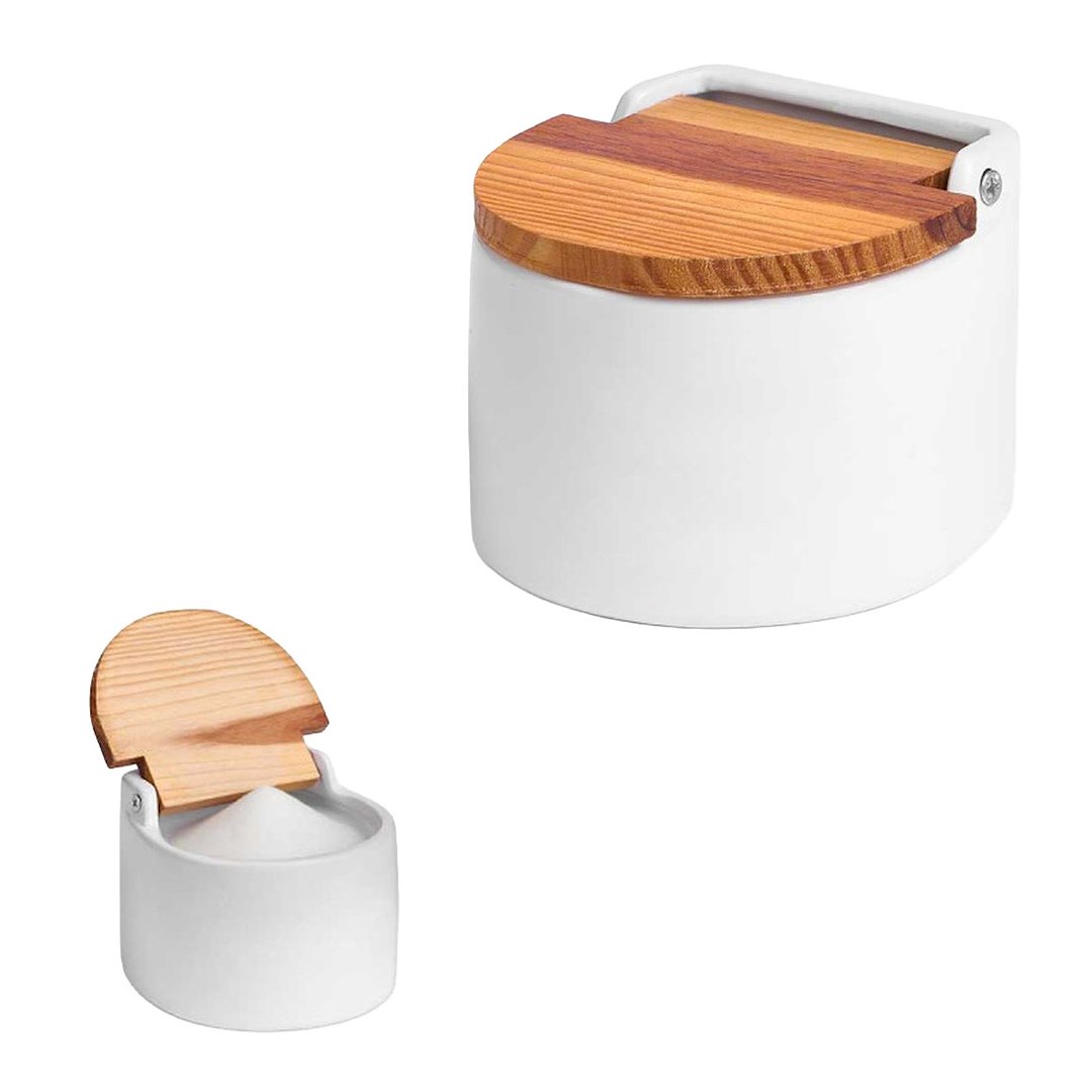 Pojemnik na sól z bambusową pokrywką owalny biały