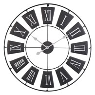 Zegar ścienny metalowy 70 cm W stylu minimalistycznym, w kolorze czarnym, cyfry rzymskie w kolorze białym, szare wskazówki, zasilanie 1xAA