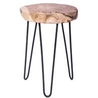 Drewniany stołek z metalowymi nogami Nogi wykonane z metalu, siedzisko z naturalnego drewna tekowego, w stylu industrialnym, o wymiarach: 42x30 cm