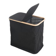 Kosz na pranie dwukomorowy czarny Pojemnik łazienkowy z pokrywą, na bieliznę i ubrania, składany, z bambusową obręczą o wymiarach: 53x33x51 cm