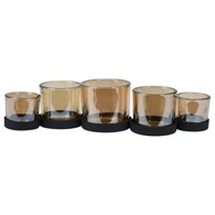 Świecznik szklany 5 tealightów 36 cm Wykonany z metalu i szkła, komplet 5 świeczników na metalowej podstawce w kolorze czarnym ze złoto-beżowym szkłem