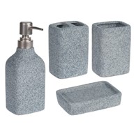 Zestaw akcesoriów łazienkowych 4 el. Zestaw przyborów do łazienki wykonanych z ceramiki kamiennej składający się z pojemnika na mydło lub żel dezynfekujący, mydelniczki oraz kubka na szczoteczki do zębów