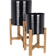 Doniczka na stojaku czarna kpl 2 szt Zdobiony, wykonany z metalu, komplet donic na drewnianym stojaku, wysokość całkowita: 58 cm, 50 cm