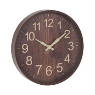Zegar ścienny imitacja drewna 30 cm brąz Zegar okrągły, wiszący w nowoczesnym designie wykonany z tworzywa w imitacji drewna w kolorze ciemnego brązu o średnicy 30 cm