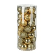 Bombki choinkowe złote Diamond 35 szt Zestaw dekoracyjnych bombek w eleganckim kolorze złota, pięć różnych wzorów w błyszczącym oraz matowym wykończeniu, wykonane z tworzywa sztucznego o średnicy 6 cm