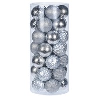 Bombki choinkowe Diamond srebrne 35 szt Zestaw dekoracyjnych bombek w eleganckim kolorze srebra, pięć różnych wzorów w błyszczącym oraz matowym wykończeniu, wykonane z tworzywa sztucznego o średnicy 6 cm