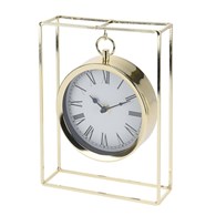 Zegar stołowy metalowy złoty Metalowy okrągły zegar stojący zawieszony w prostokątnej ramce, w kolorze złotym o wymiarach: 25x18,8x5,8 cm