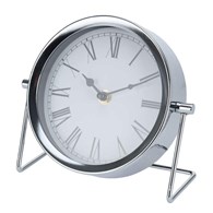 Zegar stołowy, okrągły, metalowy srebrny nym designie o wymiarach: 16,5x18x7 cm