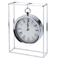 Zegar stołowy metalowy srebrny Metalowy okrągły zegar stojący zawieszony w prostokątnej ramce, w kolorze srebrnym o wymiarach: 25x18,8x5,8 cm