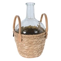 Wazon szklany w plecionej osłonie Boho Stylowy wazon umieszczony w koszyku z trawy morskiej, poręczne uchwyty wykonane z ekoskóry, wazonik o wysokości 31 cm
