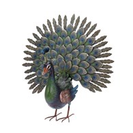 Dekoracyjny ptak Paw do ogrodu Dekoracyjna figurka ogrodowa, rzeźba pawia z pięknym rozłożonym ogonem wykonana z metalu w wyrazistych kolorach o wymiarach: 65x30x63 cm