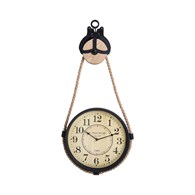 Zegar ścienny industrialny na sznurze Zegar okrągły w industrialnym, loftowym stylu, zawieszony na surowym sznurze i metalowym haku, cyferblat za szkłem o średnicy 33 cm