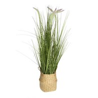 Sztuczna trawa kwitnąca w donicy wzór 1 Kwiat sztuczny w formie kwitnącej trawy w plecionym koszu z uchwytami do dekoracji wnętrz, balkonów, tarasów o wymiarach: 75x18 cm