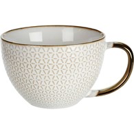Kubek ceramiczny Queen 460 ml wzór 1 Elegancki, pojemny kubek do kawy i herbaty, wykonany z ceramiki z wytłaczanym wzorem i dekoracyjną obręczą w kolorze złoto miedzianym o pojemności 460 ml
