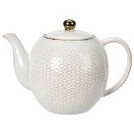 Dzbanek ceramiczny Queen 1100 ml wzór 1 Elegancki czajniczek do zaparzania kawy, herbaty i ziół, wykonany z ceramiki z wytłaczanym wzorem i dekoracyjną obręczą w kolorze złoto miedzianym o pojemności 1100 ml