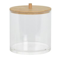Pojemnik łazienkowy z bambusową pokrywą Przeźroczyste eleganckie pudełko z pokrywą bambusową na akcesoria kosmetyczne o wymiarach: 9,5x9,5 cm
