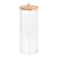Pojemnik na waciki z bambusową pokrywą Przeźroczyste eleganckie pudełko z pokrywą bambusową na płatki kosmetyczne o wymiarach: 18,5x7 cm