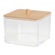 Pojemnik kosmetyczny z bambusową pokrywą Przeźroczyste eleganckie pudełko z pokrywą bambusową na waciki i przybory kosmetyczne o wymiarach: 8,5x9,5 cm