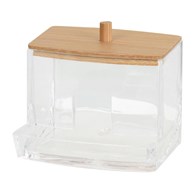 Podajnik na patyczki do uszu Przeźroczyste eleganckie pudełko, pojemnik z pokrywą bambusową na patyczki do uszu o wymiarach: 9x9,7,5 cm